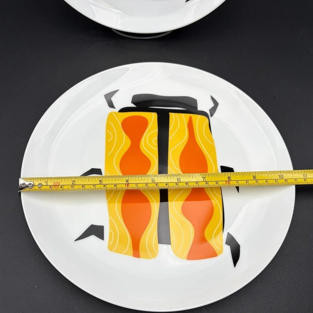 Crate & Barrel Jane Dixon Retro Beetle Bug Dinner Plates Yellow Orange Set of‎ 2
